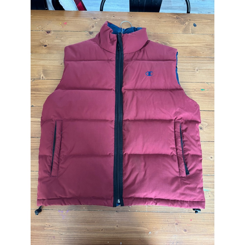 Champion Mens Puffer Vest Burgundy Maroon Down Fill Full Zip‎ Large RN 58217